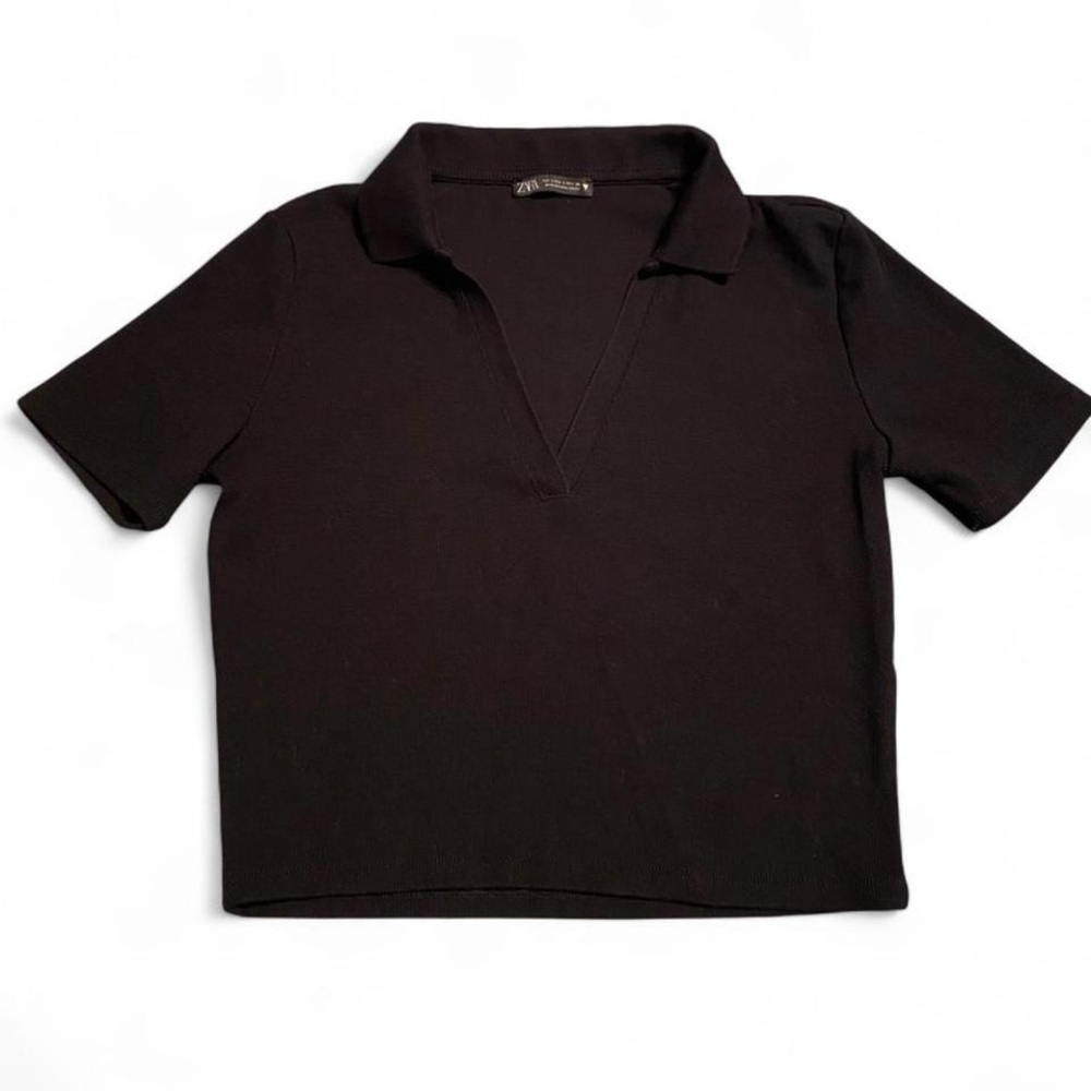 Zara Black Ribbed V neck Crop Top With Collar